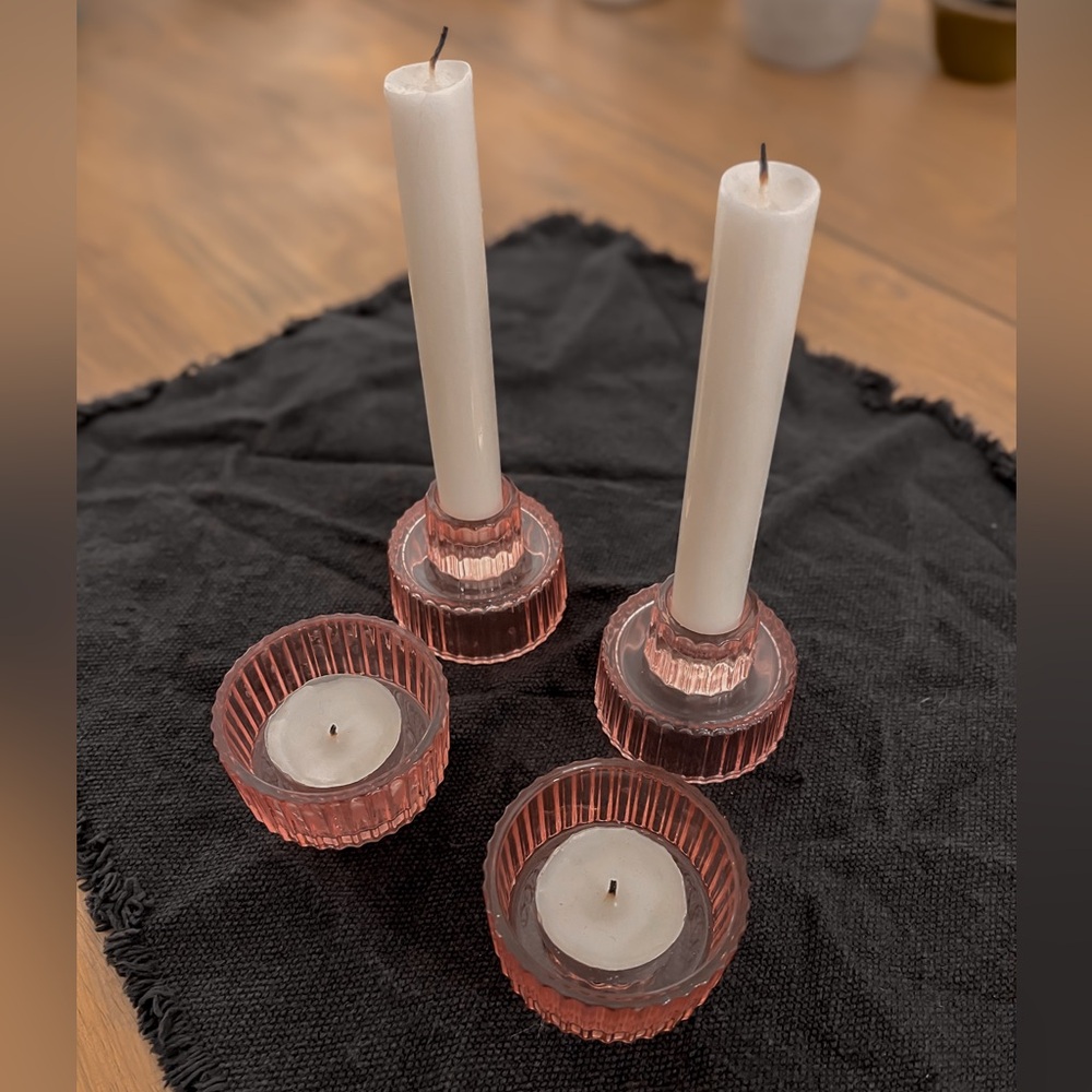 Antique Rose Pink Glass Candle Holders From Estimated 1930s - Set of 4